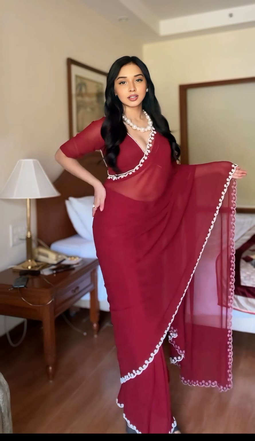 1-Min Ready To Wear pure soft Georgette silk with beautiful hand work Maroon Saree With Unstitched Blouse.