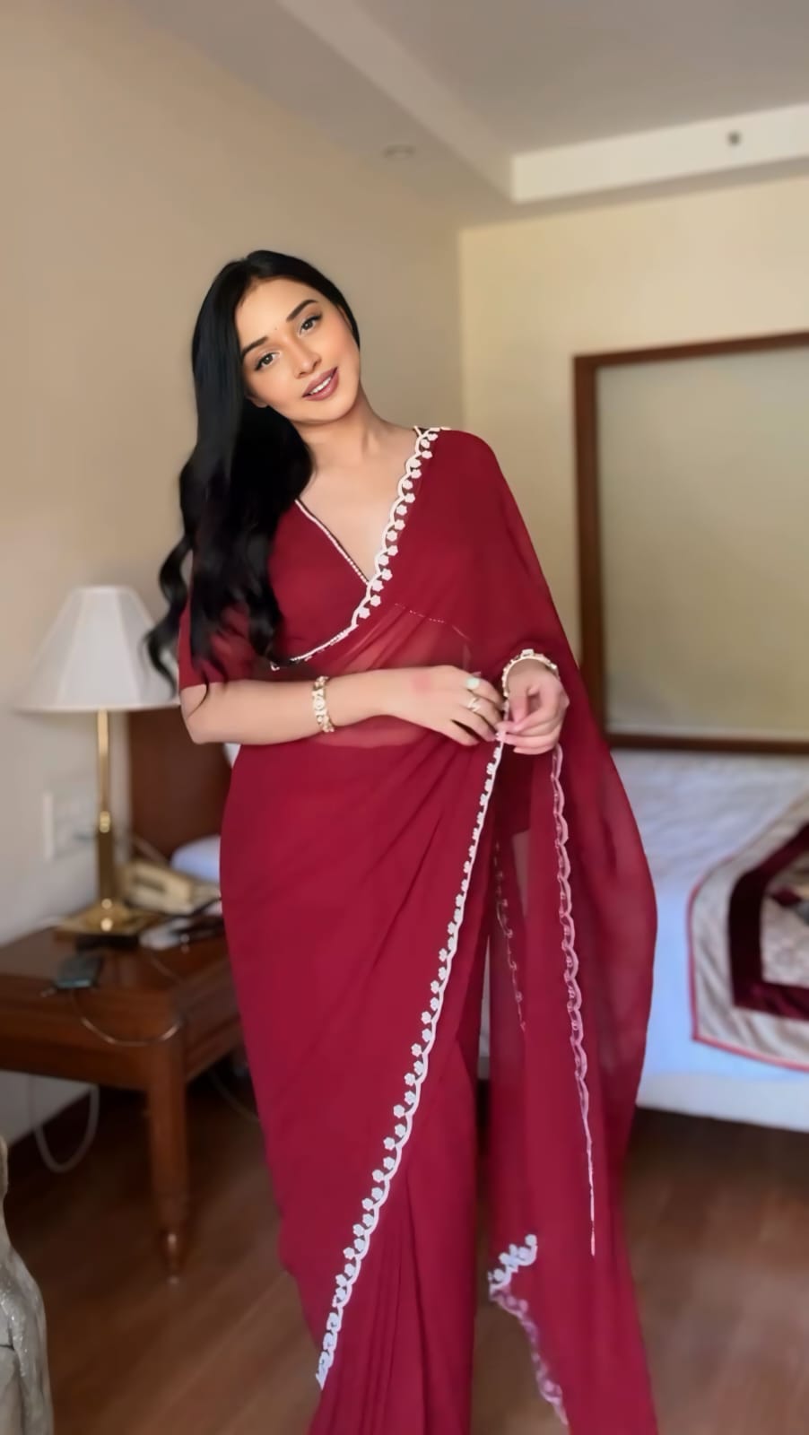 1-Min Ready To Wear pure soft Georgette silk with beautiful hand work Maroon Saree With Unstitched Blouse.