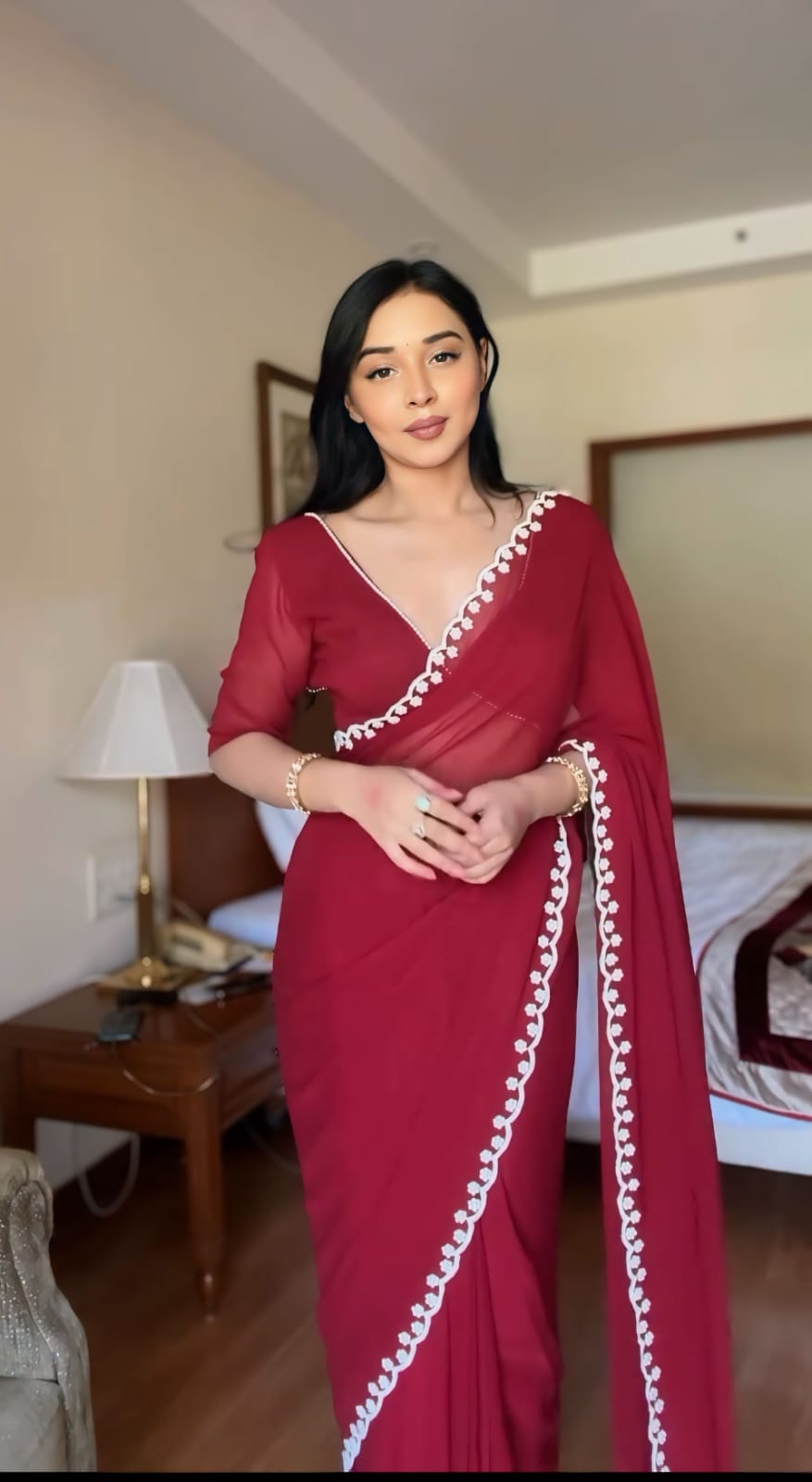 1-Min Ready To Wear pure soft Georgette silk with beautiful hand work Maroon Saree With Unstitched Blouse.