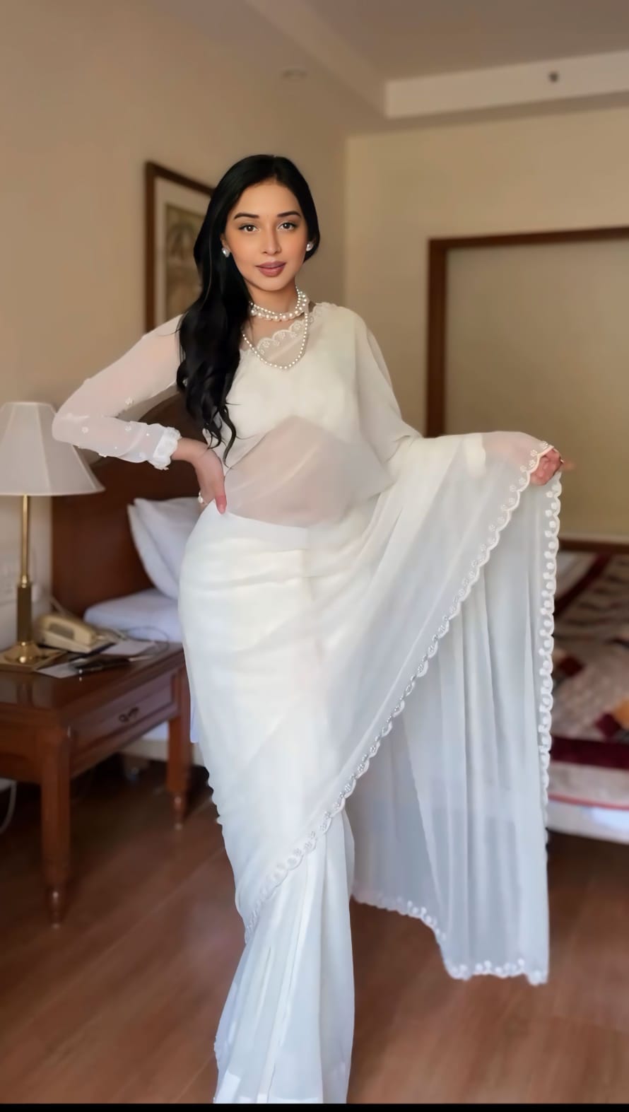 1-Min Ready To Wear pure soft Georgette silk with beautiful hand work White Saree With Unstitched Blouse.