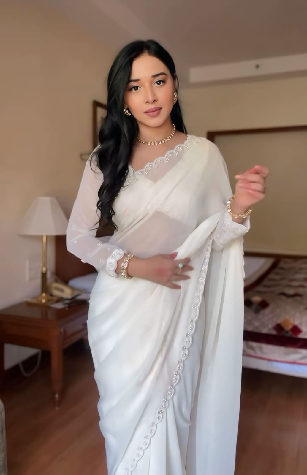 1-Min Ready To Wear pure soft Georgette silk with beautiful hand work White Saree With Unstitched Blouse.