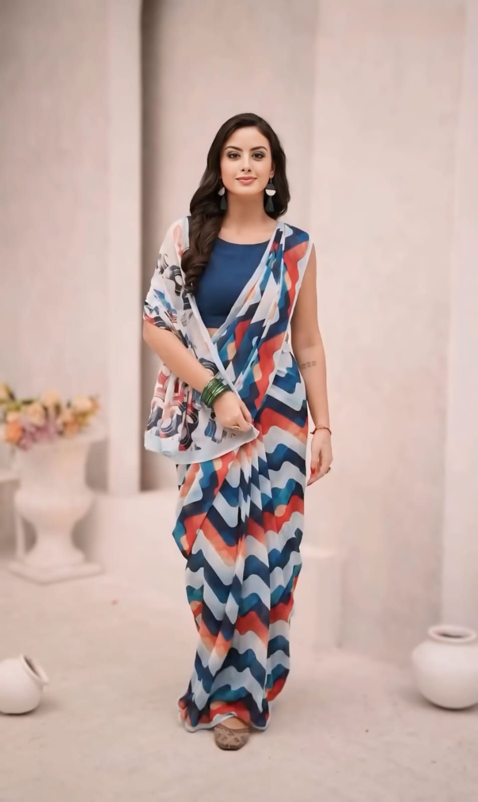 1-Minute Ready To Wear fox georgette digital print saree With Unstitch Blouse.