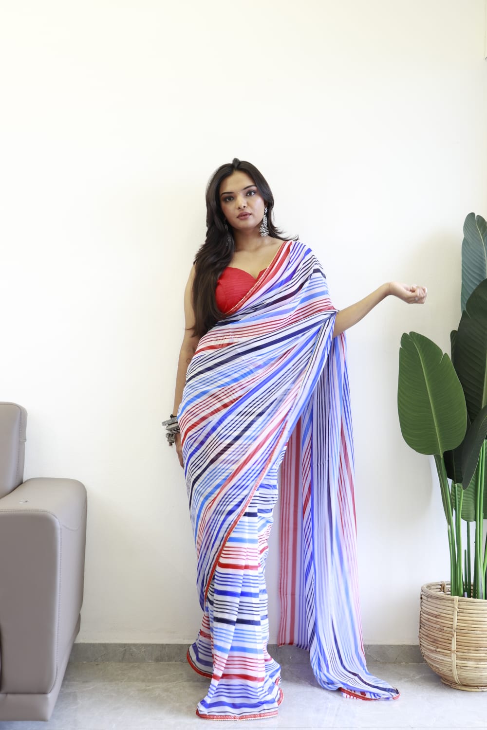 1 Minute Ready To Wear Beautiful Blue Georgette Silk Saree With Unstitched Blouse.