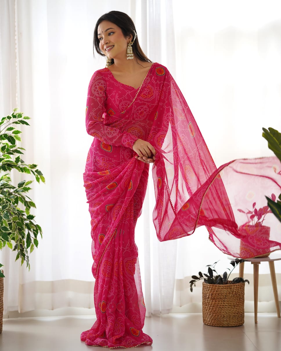 1-Min Ready To Wear Pre Stitched Beautiful Pink Colour Bandhani Digital Print Saree With Unstitched Blouse.