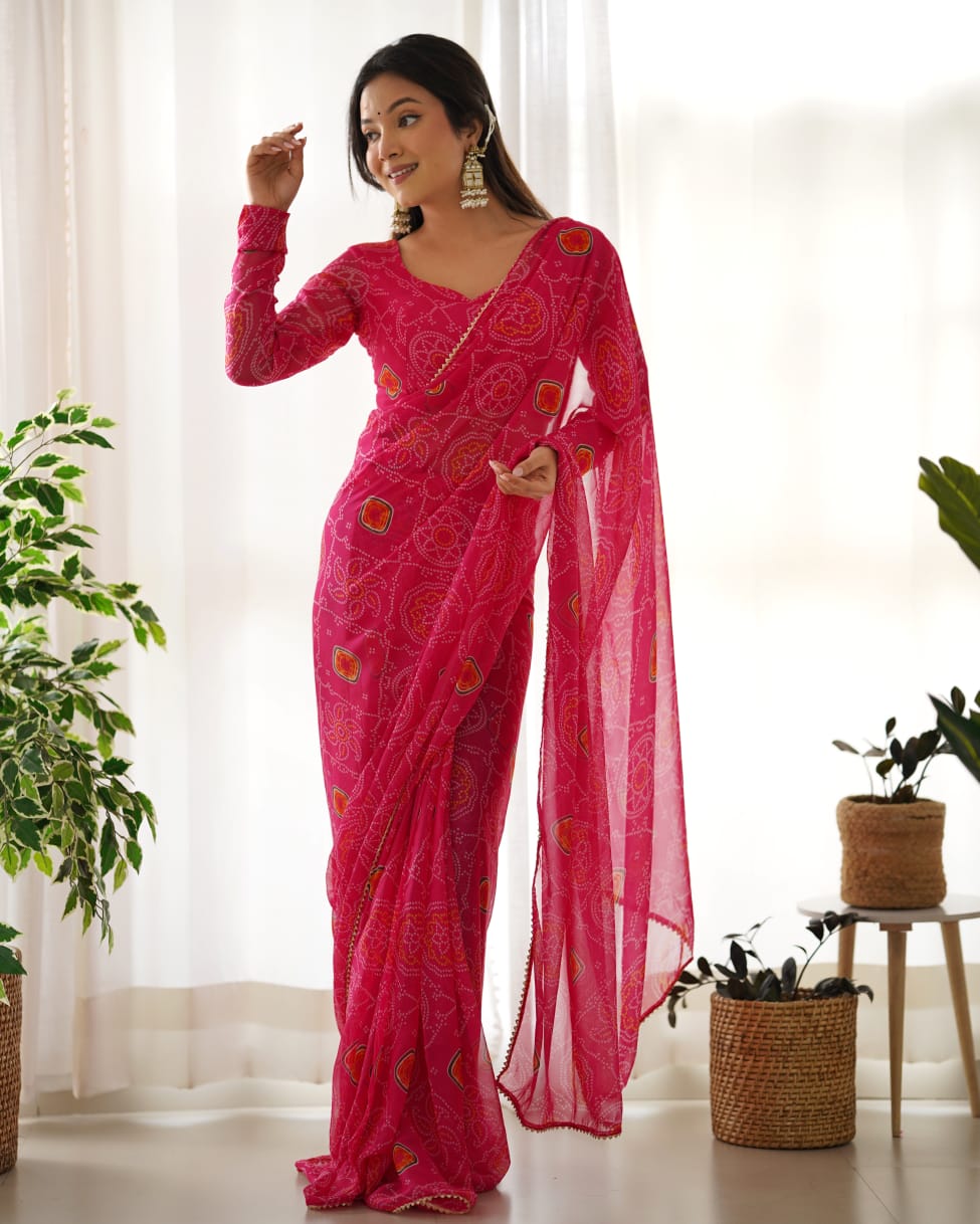 1-Min Ready To Wear Pre Stitched Beautiful Pink Colour Bandhani Digital Print Saree With Unstitched Blouse.