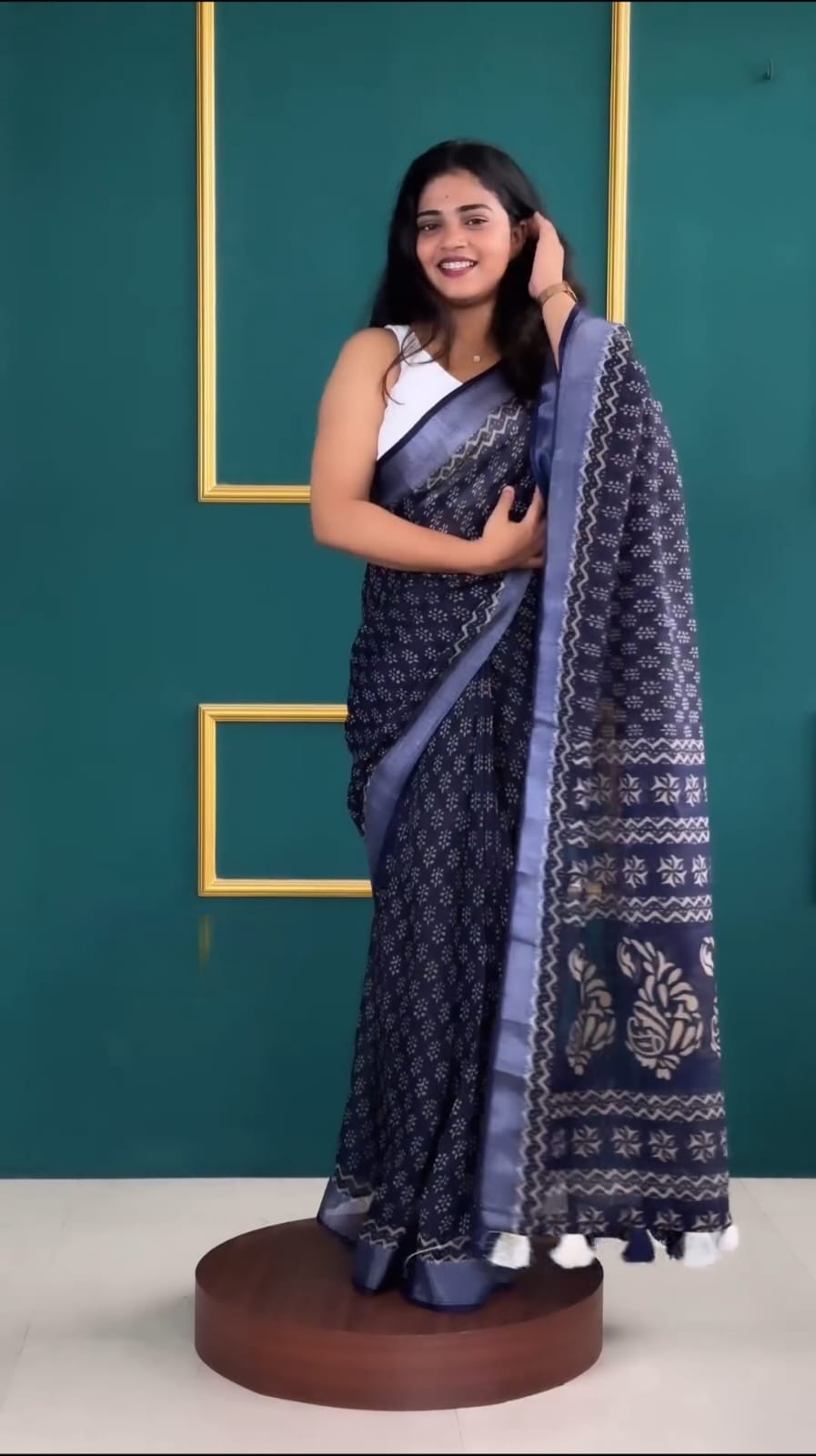 BLUE FLOWER - 1 Minute Ready To Wear Blue Pure Soft Linen Silk Saree With Unstitched Blouse.