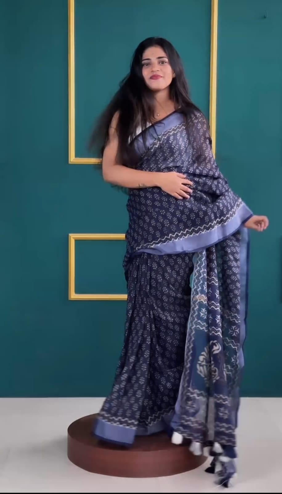 BLUE FLOWER - 1 Minute Ready To Wear Blue Pure Soft Linen Silk Saree With Unstitched Blouse.