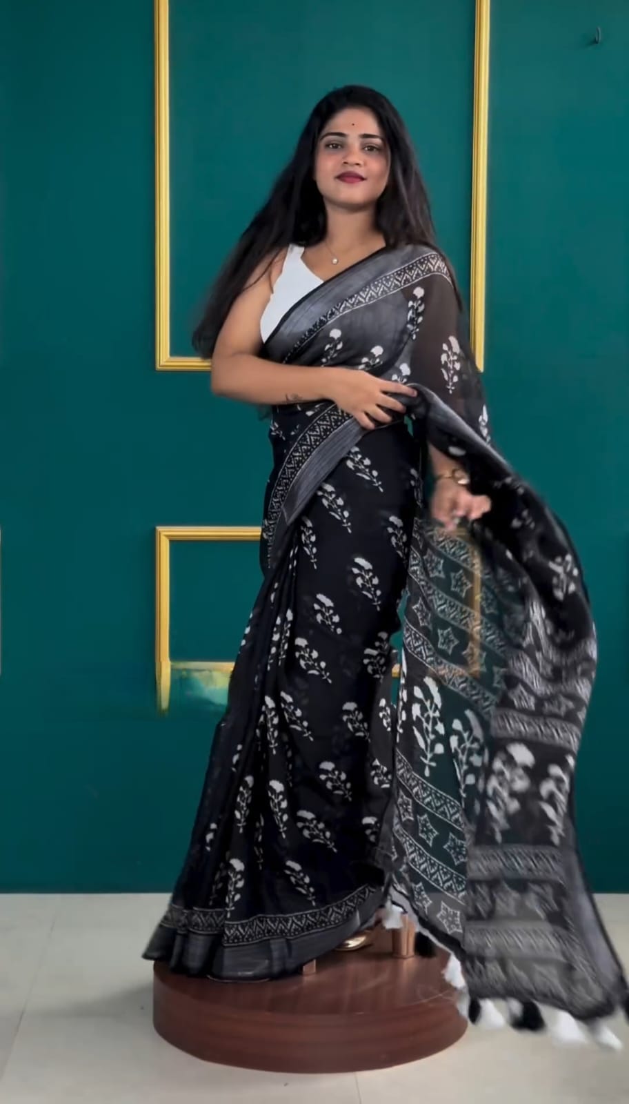 BLACK FLOWER - 1 Minute Ready To Wear Black Pure Soft Linen Silk Saree With Unstitched Blouse.