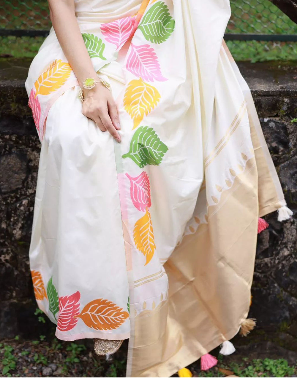 White Leaves  Design Patti Dola Silk Saree