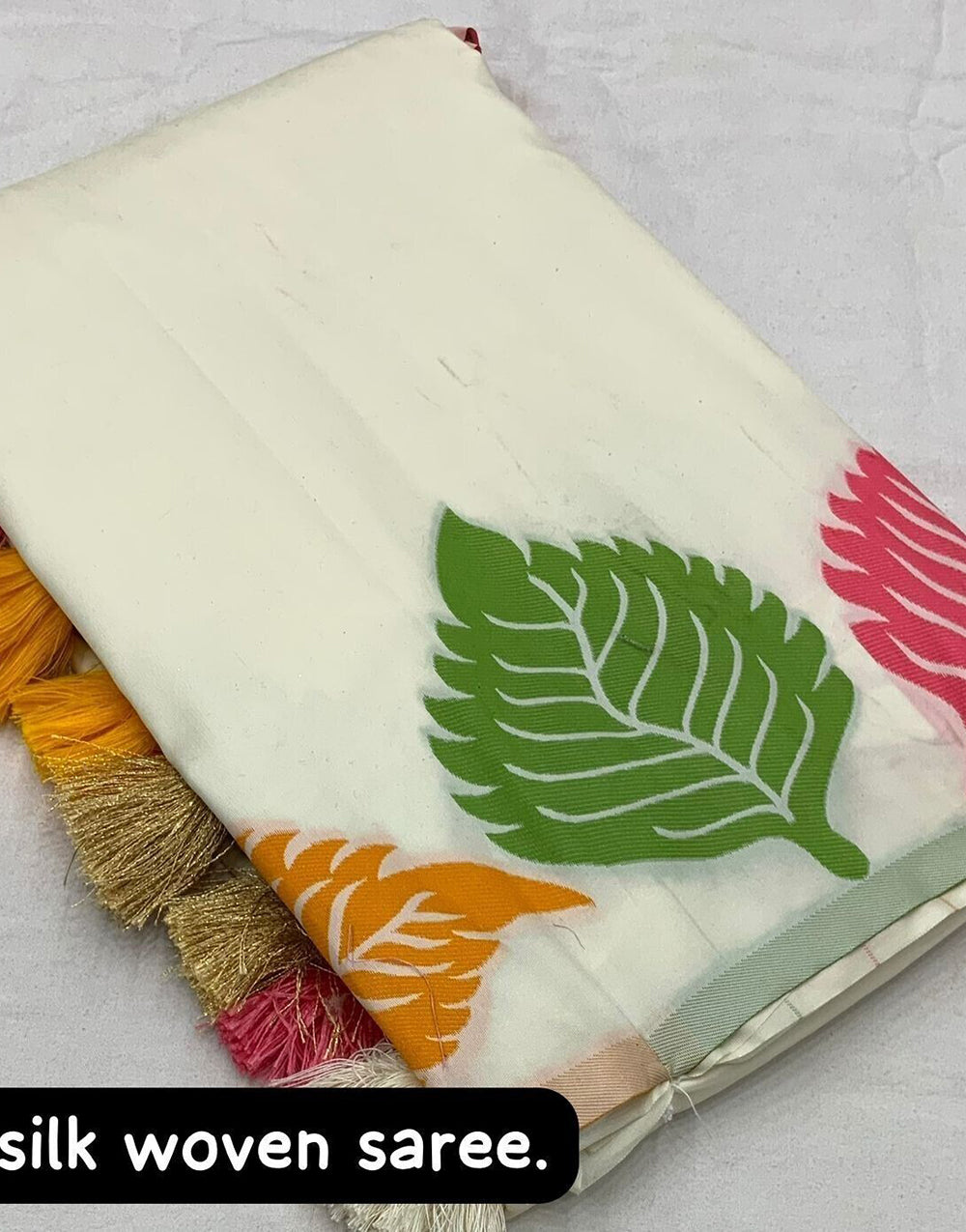 White Leaves  Design Patti Dola Silk Saree