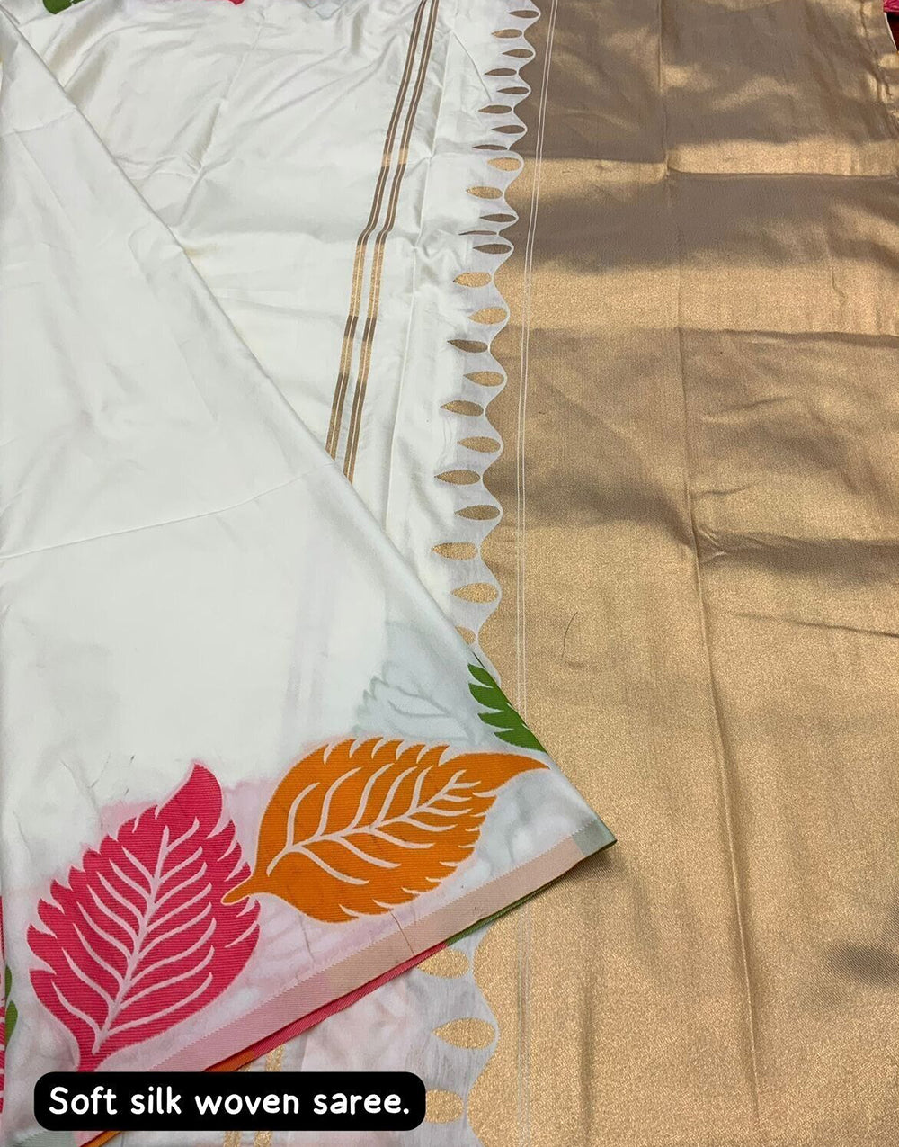 White Leaves  Design Patti Dola Silk Saree