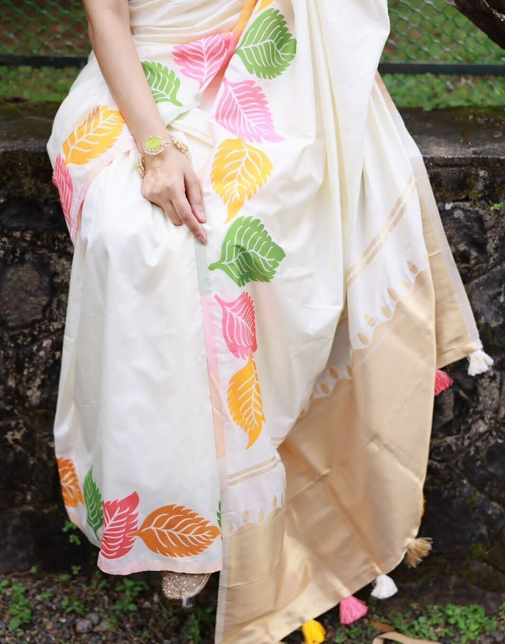 White Leaves  Design Patti Dola Silk Saree