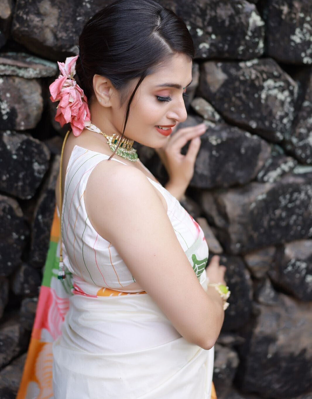 White Leaves  Design Patti Dola Silk Saree