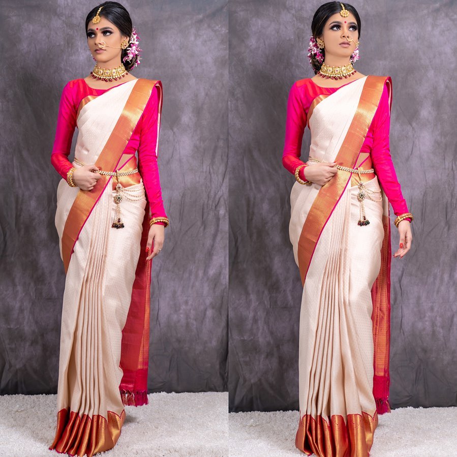 White and Pink Copper Design Paper Dola Silk Saree