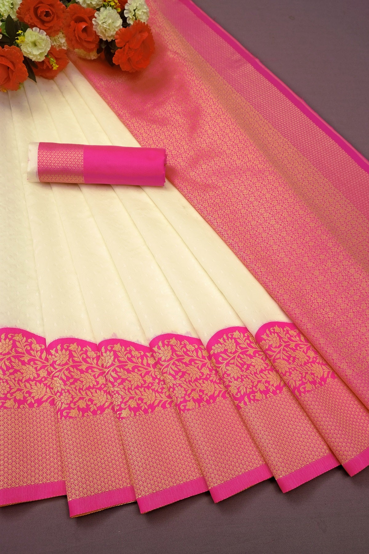 White and Pink Copper Design Paper Dola Silk Saree