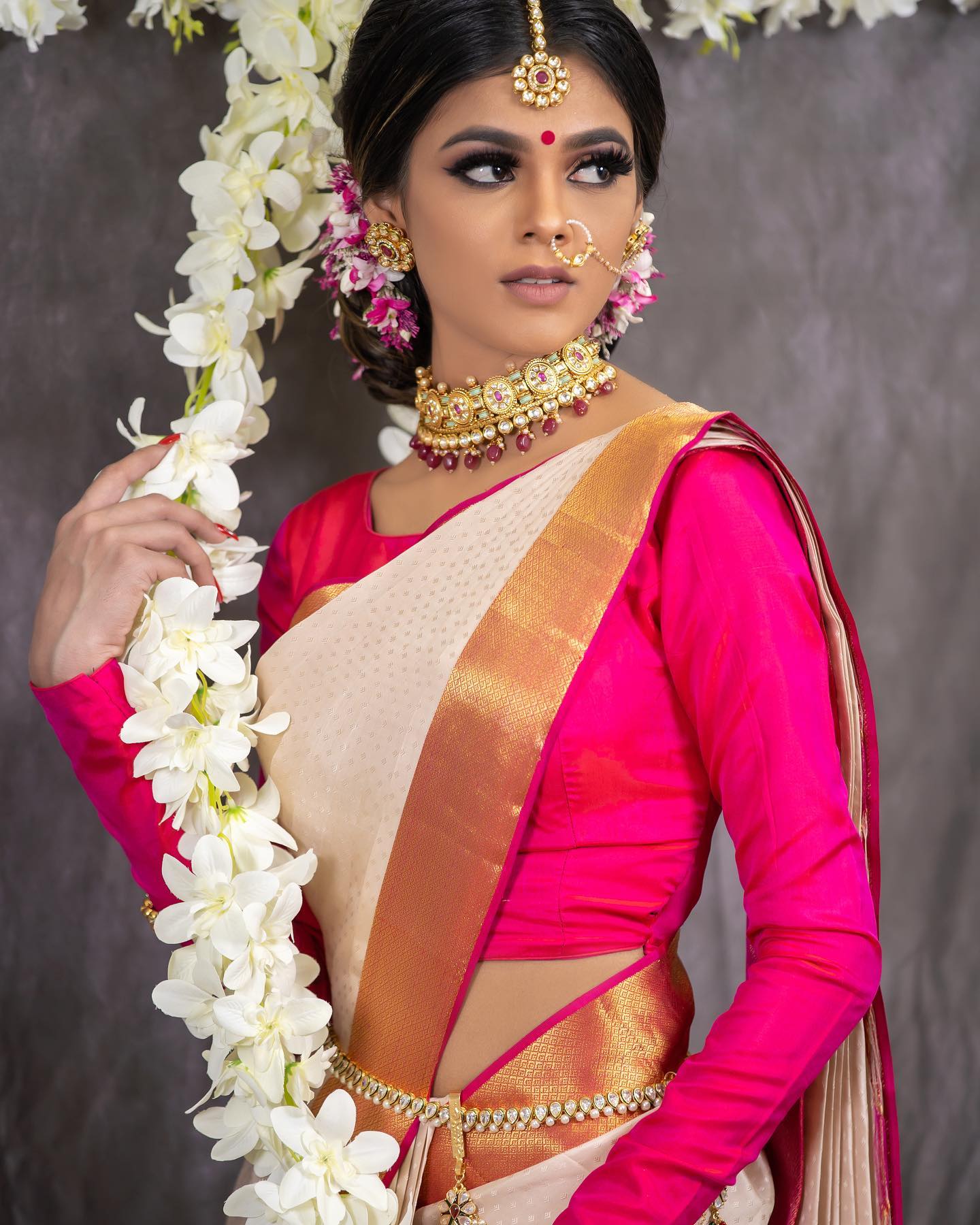 White and Pink Copper Design Paper Dola Silk Saree