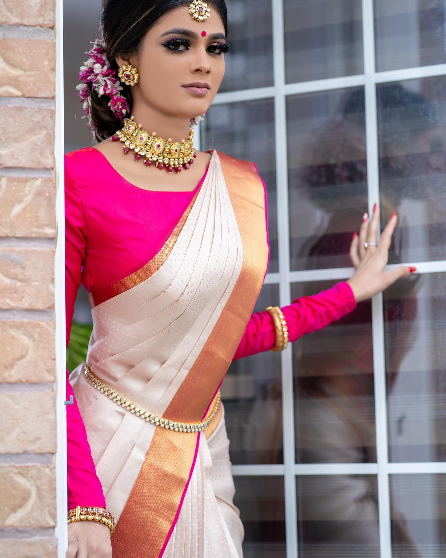 White and Pink Copper Design Paper Dola Silk Saree