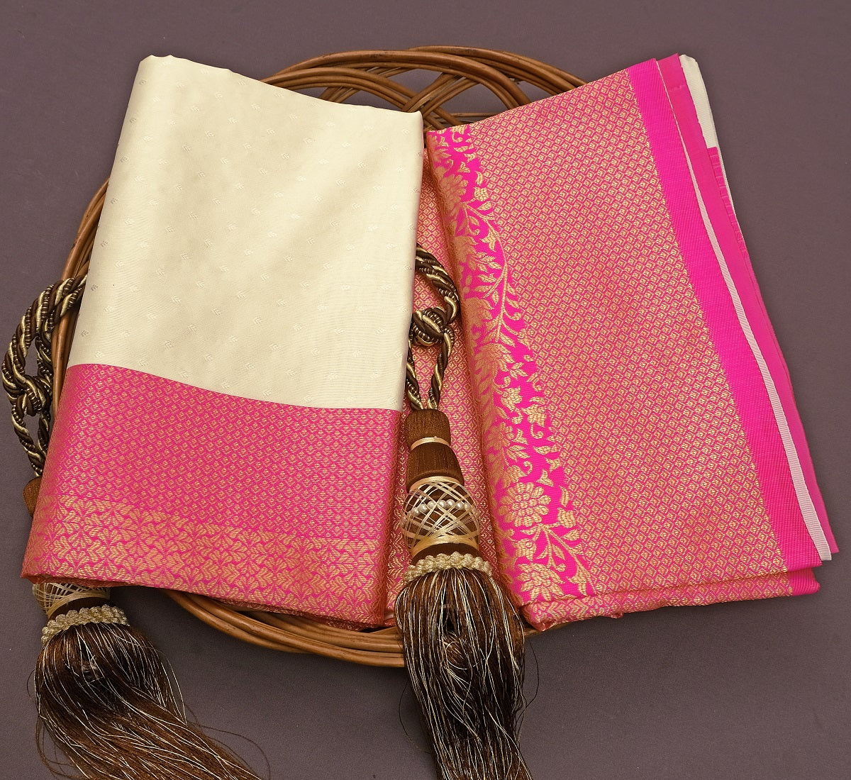 White and Pink Copper Design Paper Dola Silk Saree