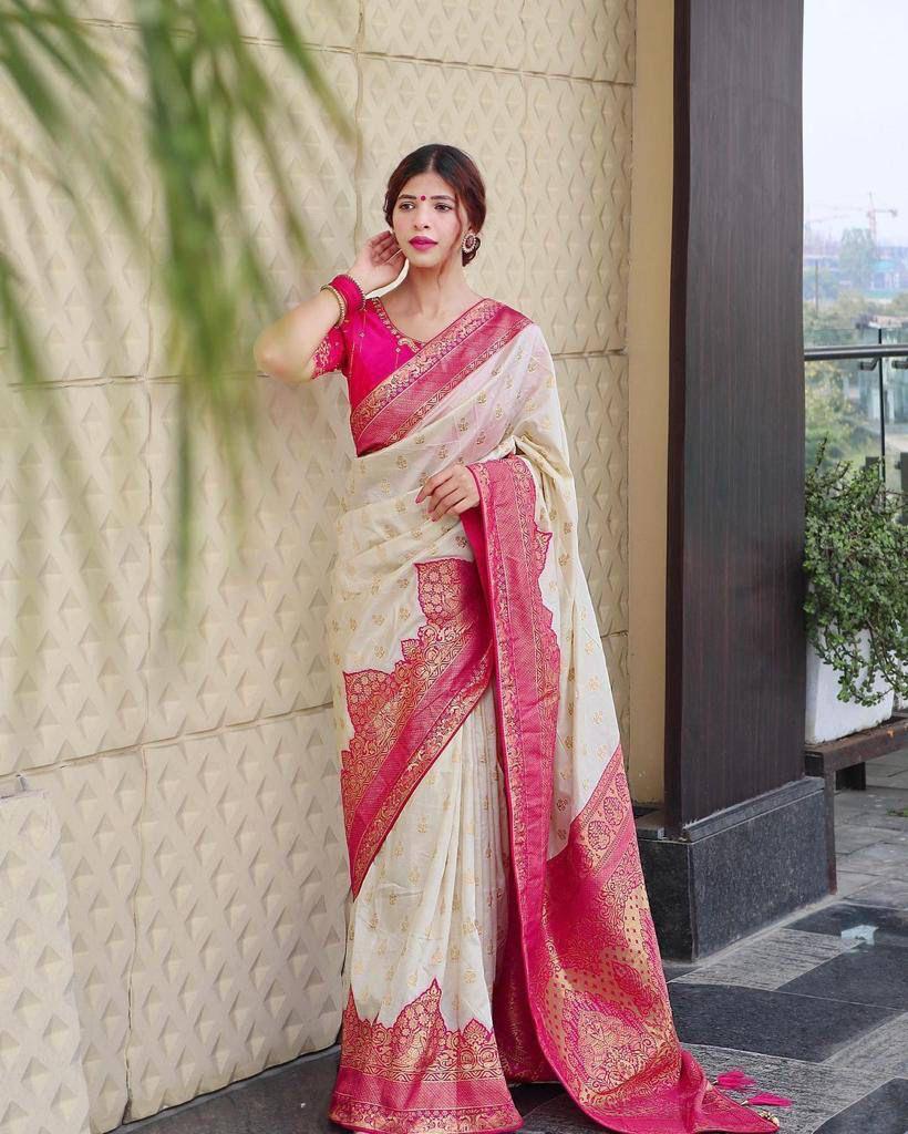 Off-White and Pink Copper Design Pari Dola Silk Saree