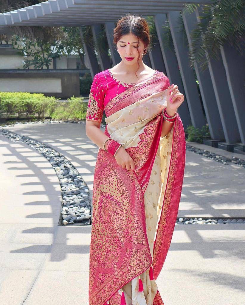 Off-White and Pink Copper Design Pari Dola Silk Saree