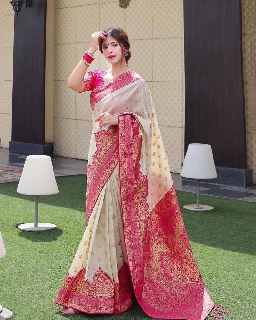 Off-White and Pink Copper Design Pari Dola Silk Saree