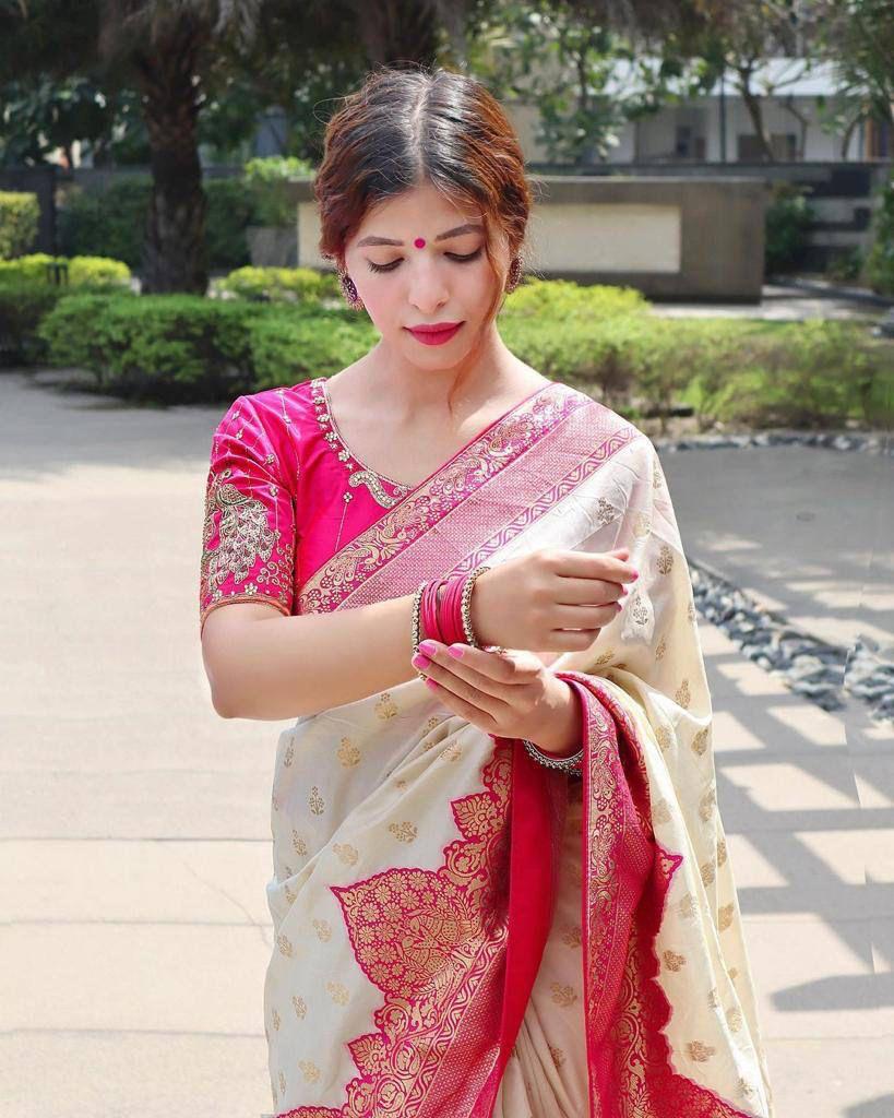 Off-White and Pink Copper Design Pari Dola Silk Saree