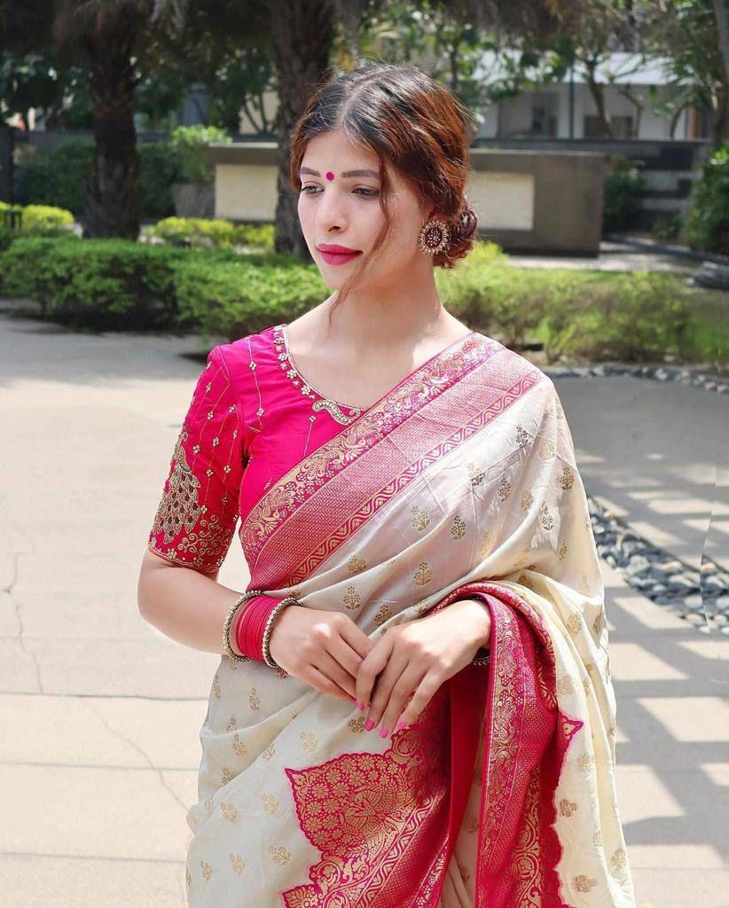 Off-White and Pink Copper Design Pari Dola Silk Saree