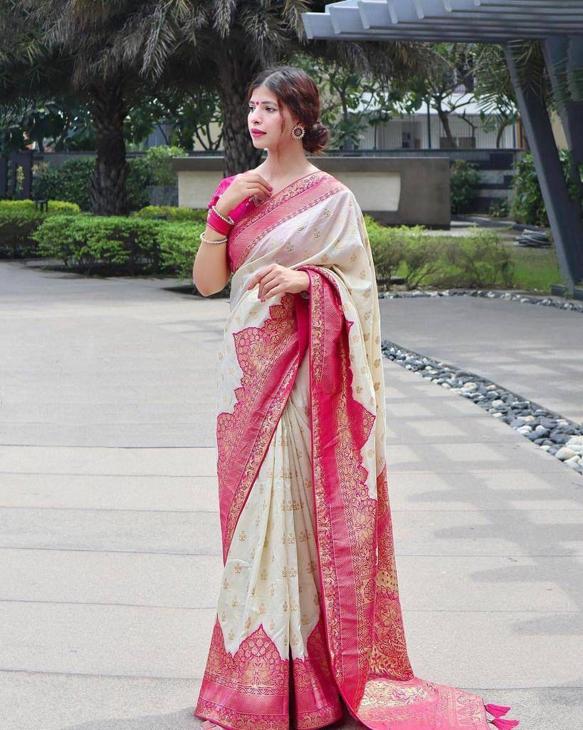 Off-White and Pink Copper Design Pari Dola Silk Saree