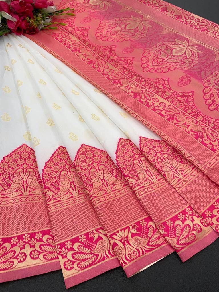 Off-White and Pink Copper Design Pari Dola Silk Saree