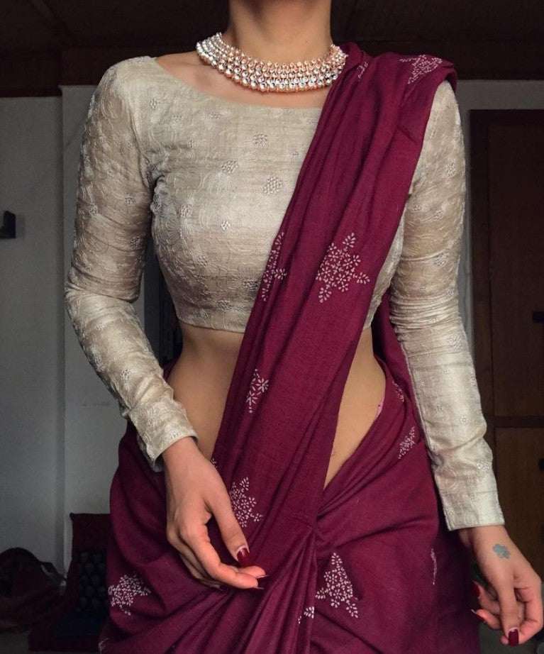 Wine color cotton Saree