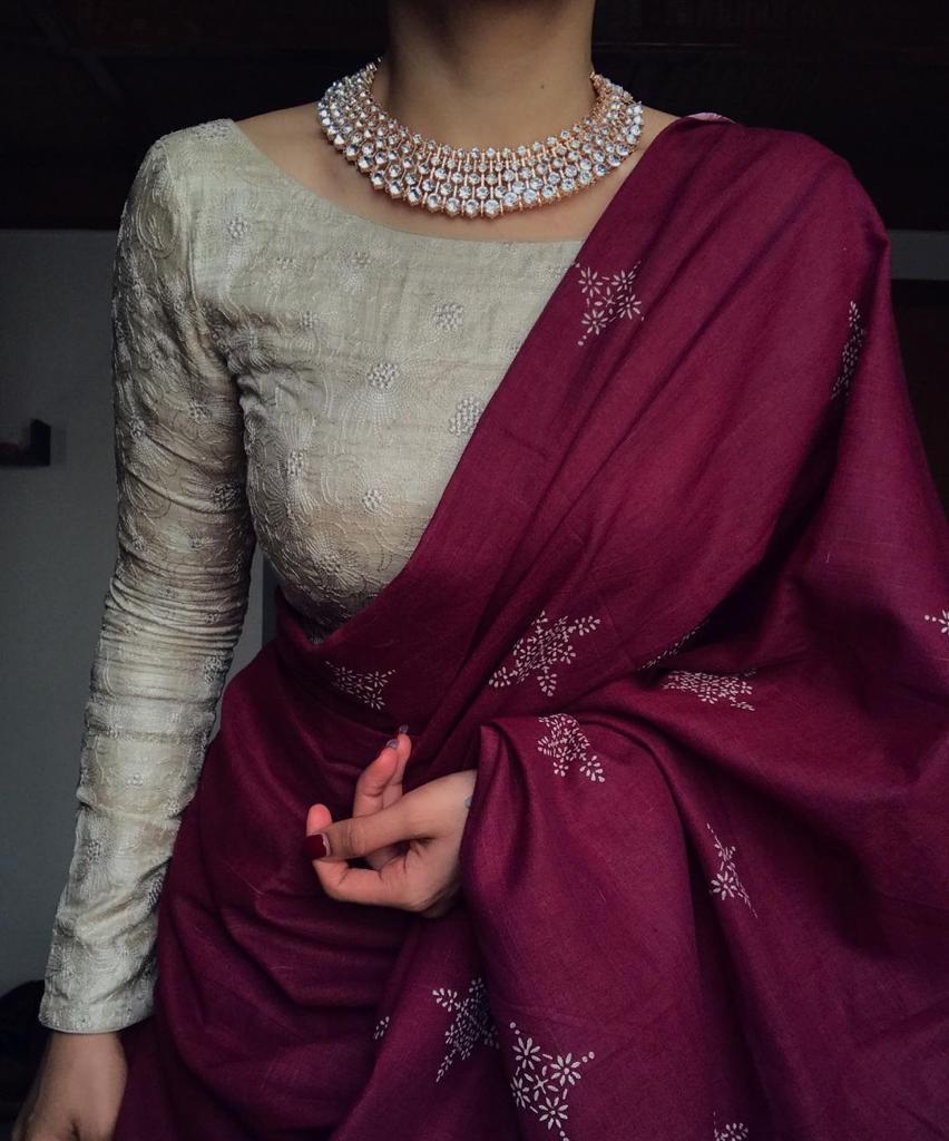 Wine color cotton Saree