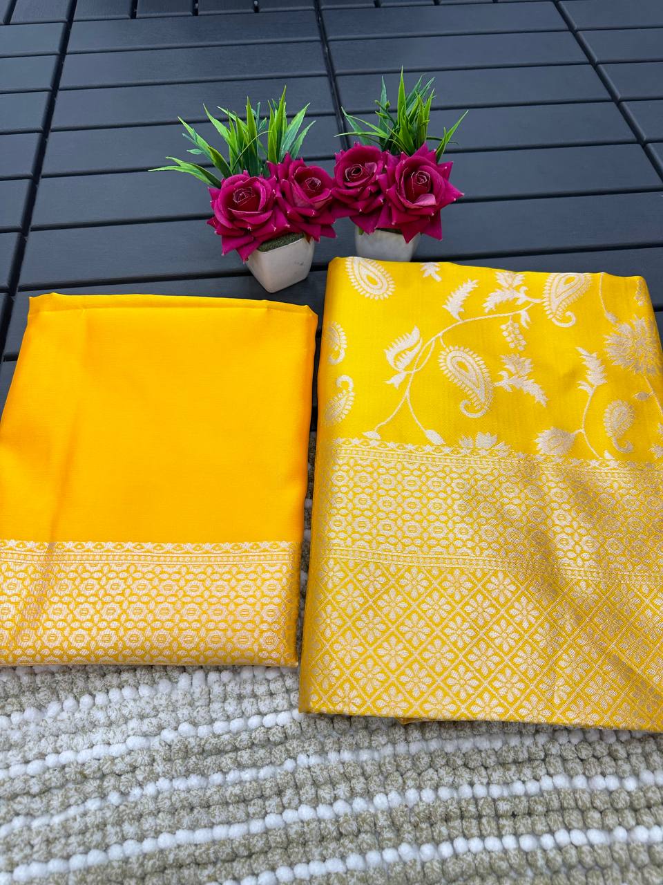 Yellow Golden Silver Design Boarder Chand Banarasi Silk Saree