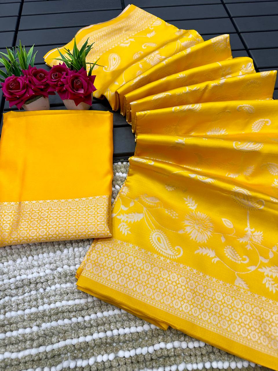 Yellow Golden Silver Design Boarder Chand Banarasi Silk Saree