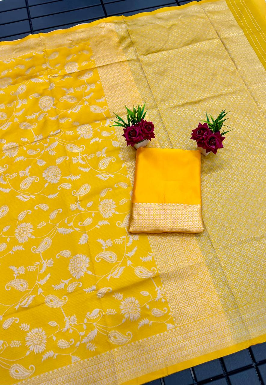 Yellow Golden Silver Design Boarder Chand Banarasi Silk Saree