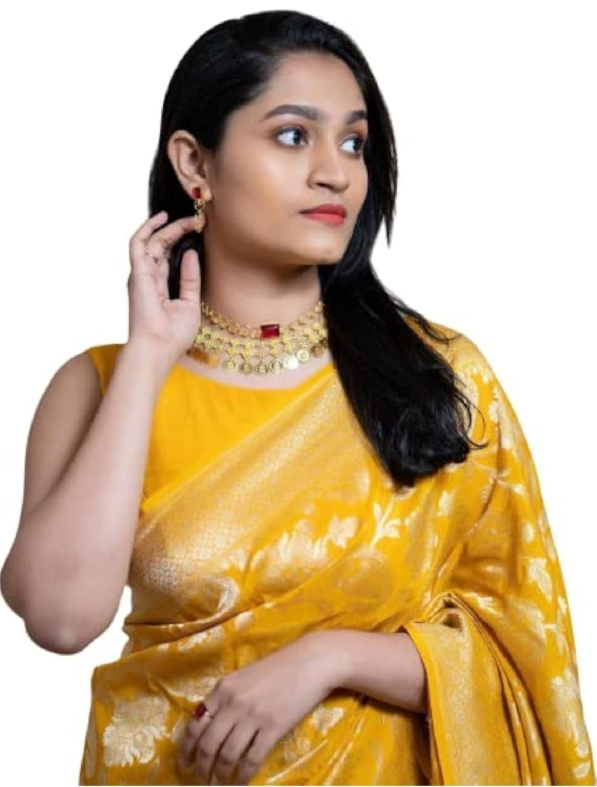 Yellow Golden Silver Design Boarder Chand Banarasi Silk Saree