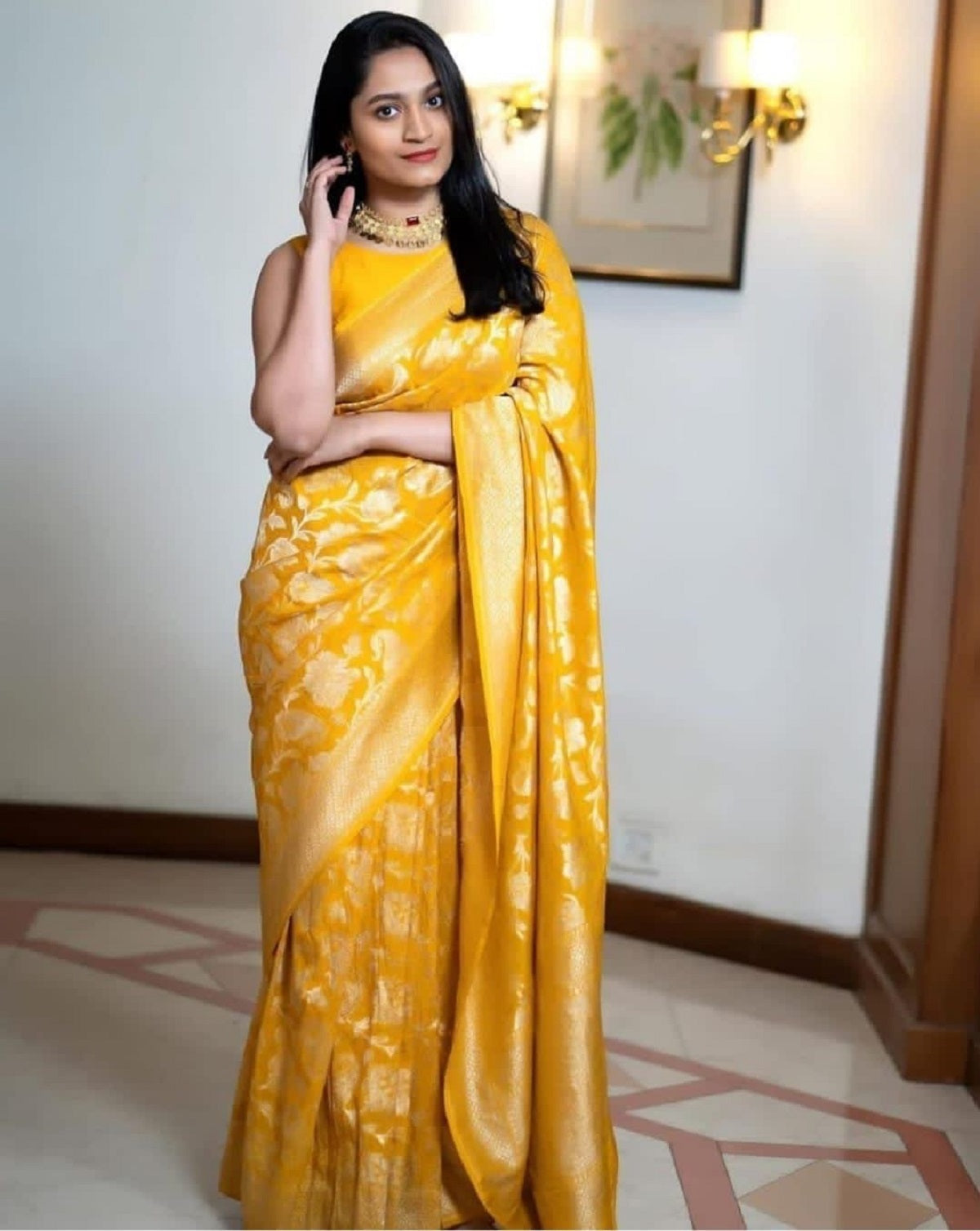 Yellow Golden Silver Design Boarder Chand Banarasi Silk Saree