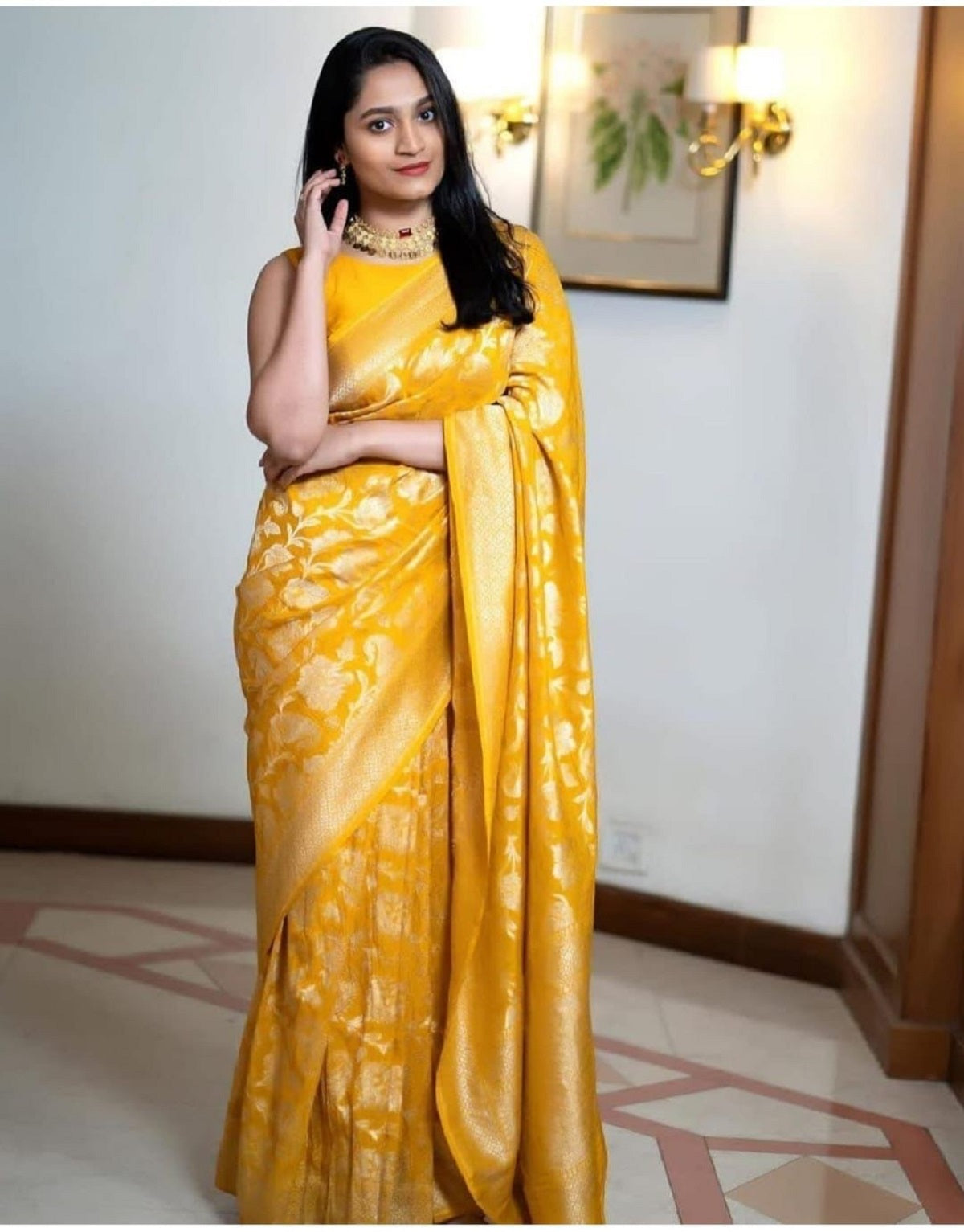 Yellow Golden Silver Design Boarder Chand Banarasi Silk Saree