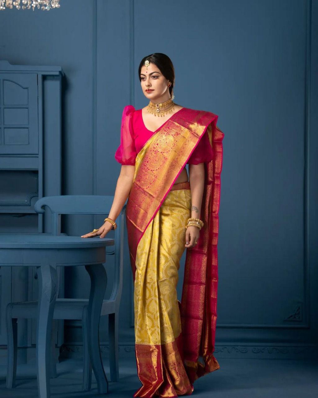 Yellow and Pink Golden Design Sparrow Dola Silk Saree