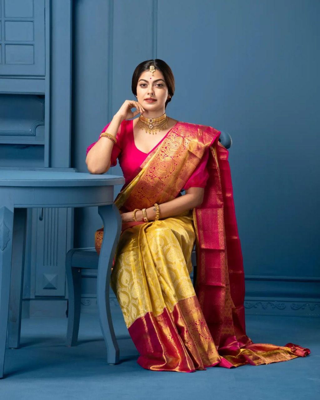 Yellow and Pink Golden Design Sparrow Dola Silk Saree