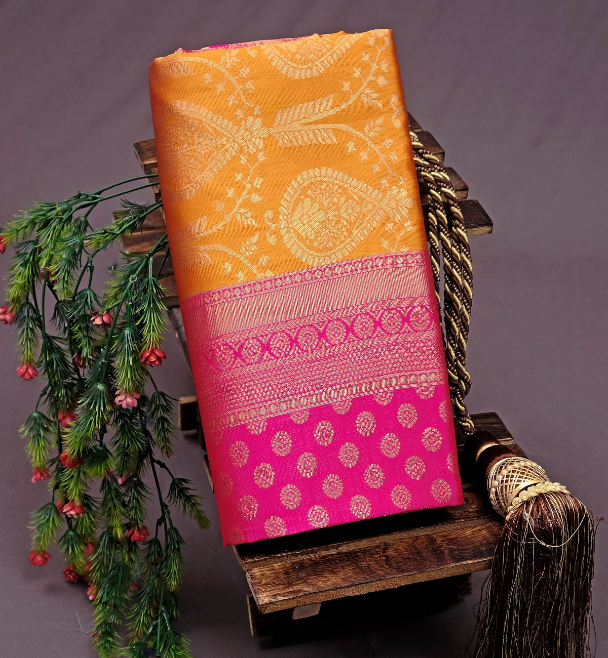 Yellow and Pink Golden Design Sparrow Dola Silk Saree