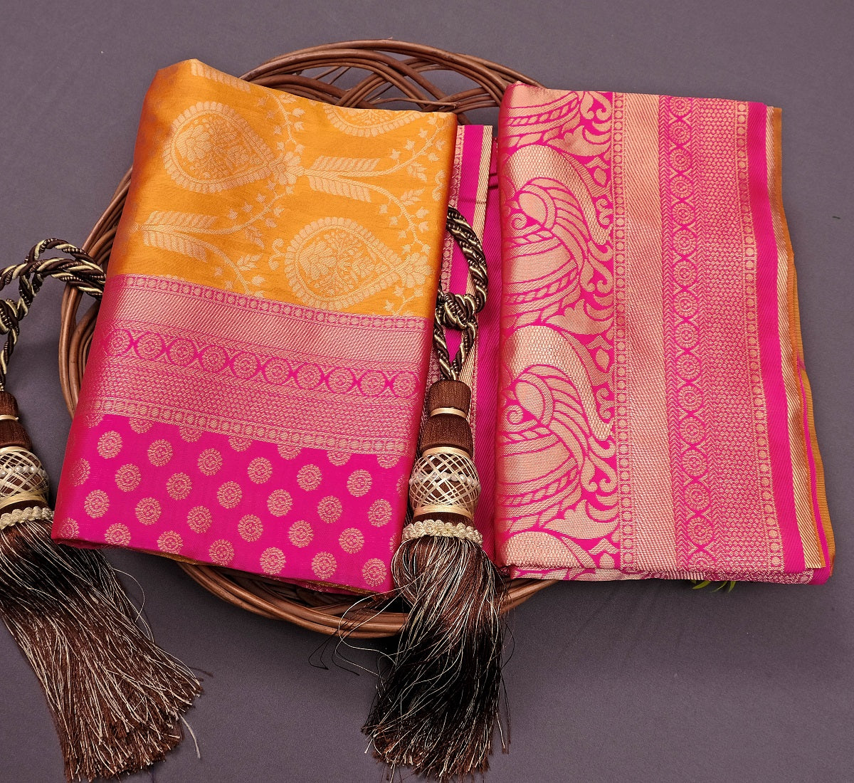 Yellow and Pink Golden Design Sparrow Dola Silk Saree