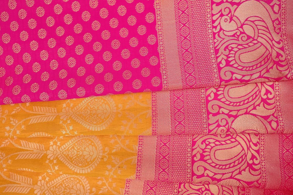 Yellow and Pink Golden Design Sparrow Dola Silk Saree