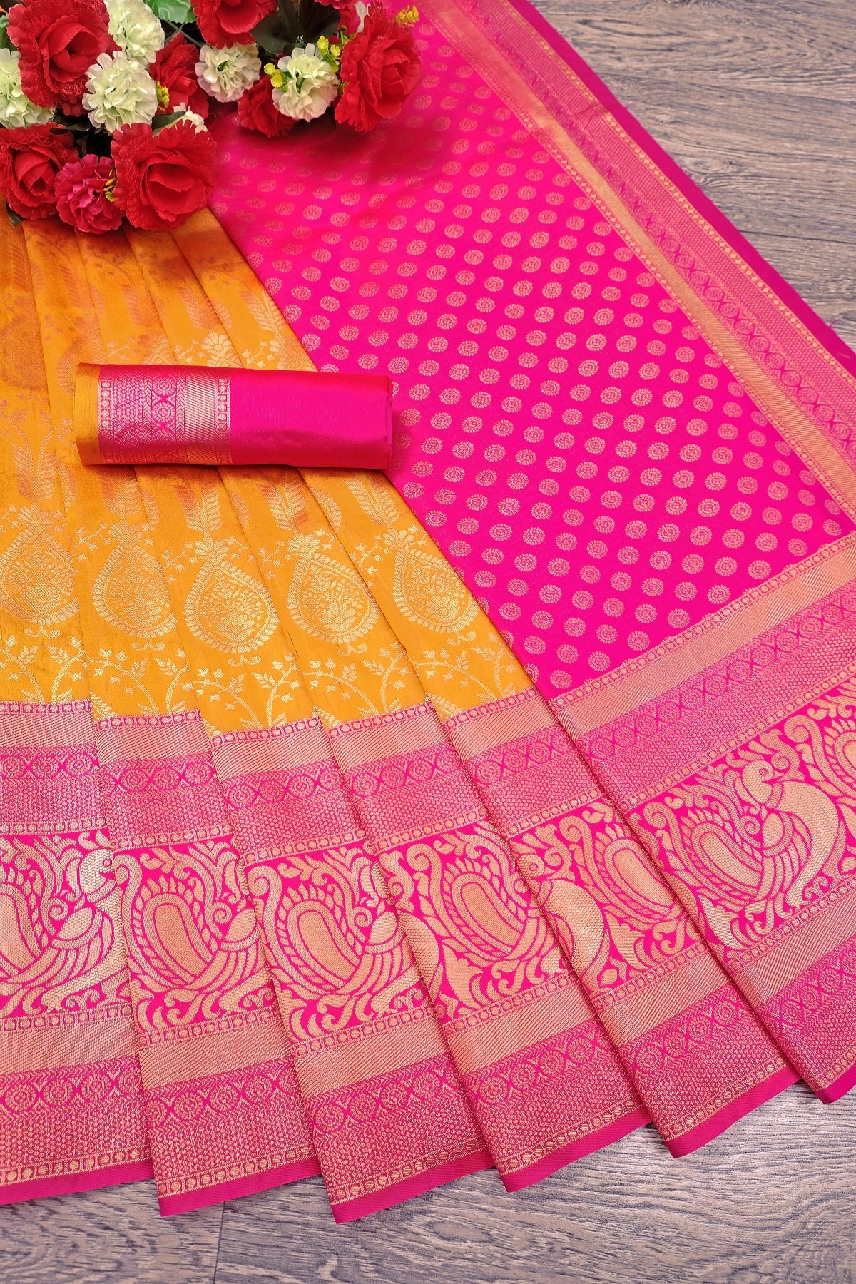 Yellow and Pink Golden Design Sparrow Dola Silk Saree