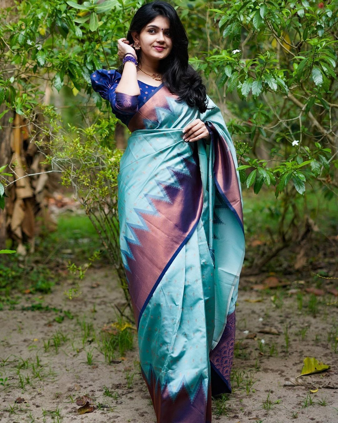 Sky and Purple Designer Zaributti Dola Silk Saree