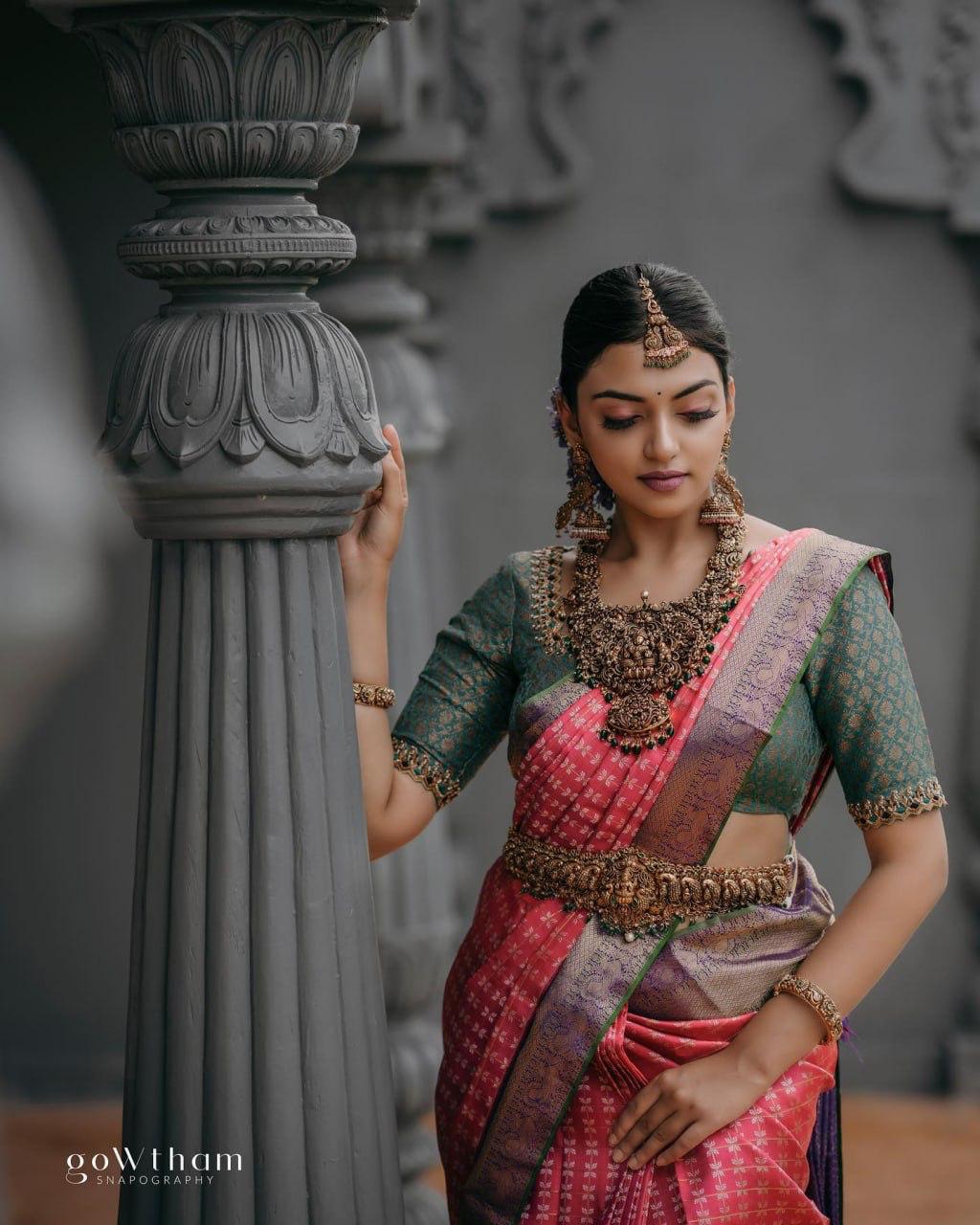 Pink and Purple Copper Design Lara Dola Silk Saree