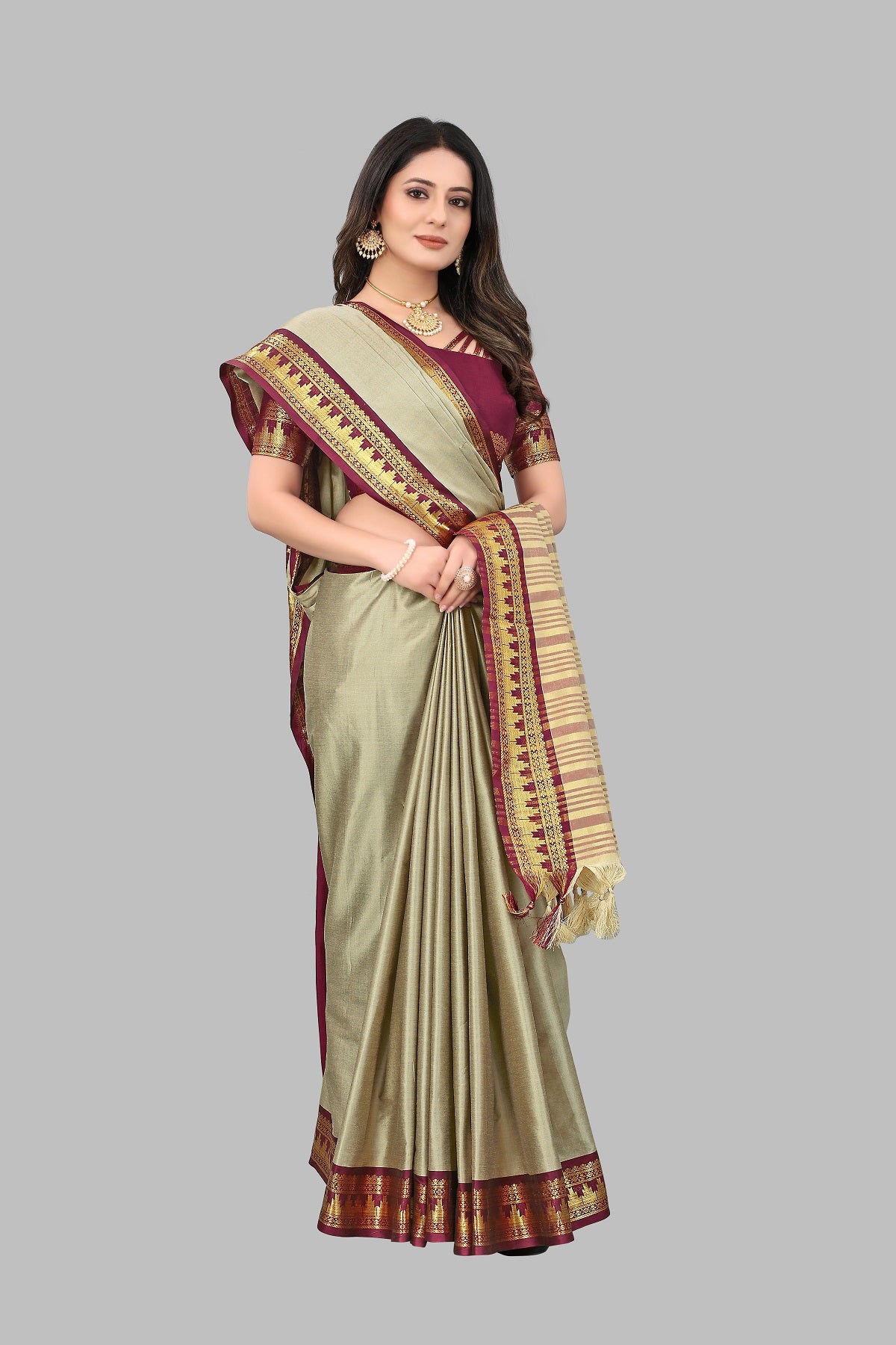 Chiku Brown Design Palav Cotton Silk Saree