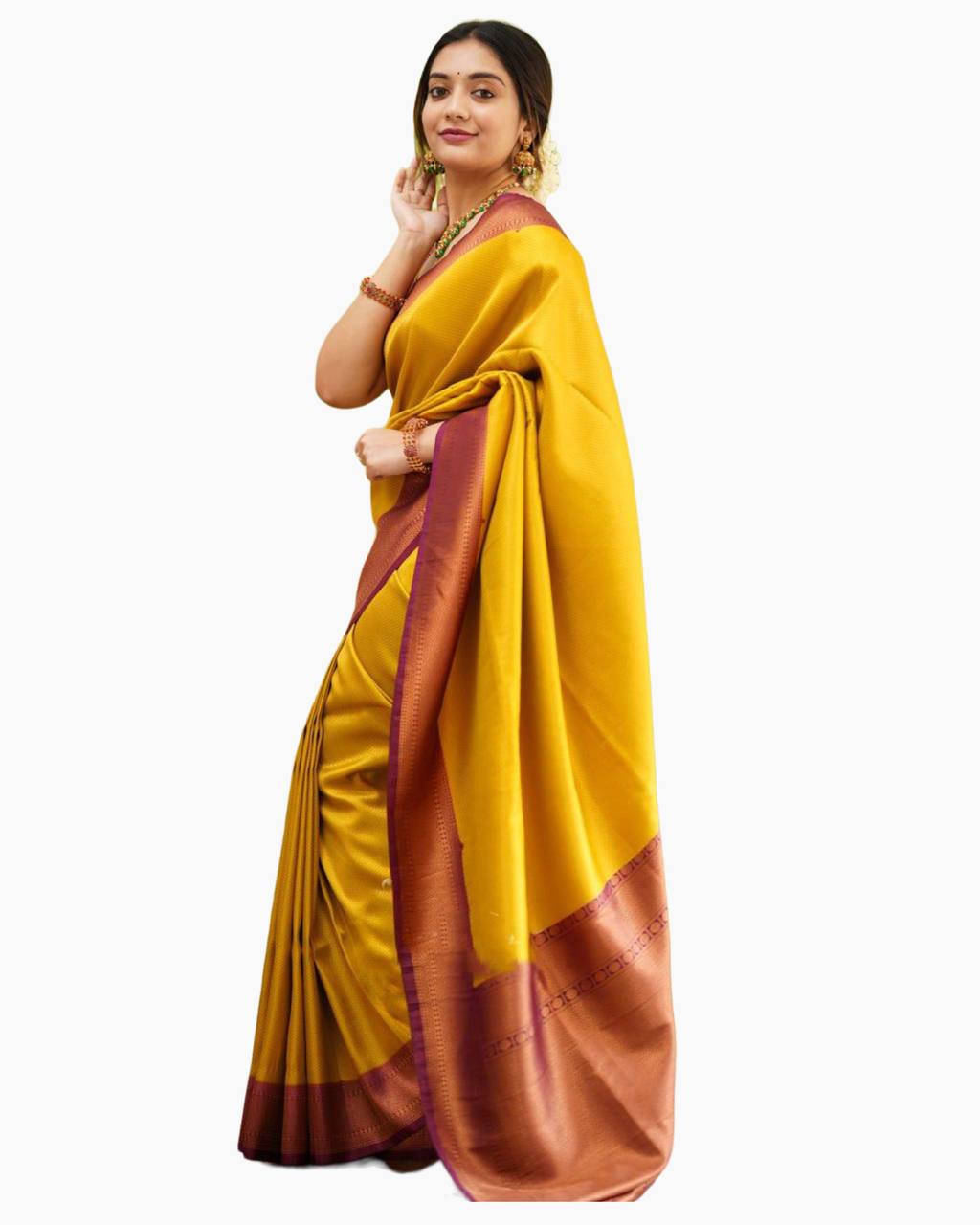 Yellow & Maroon Golden Boarder Anamika Pure Silk Saree