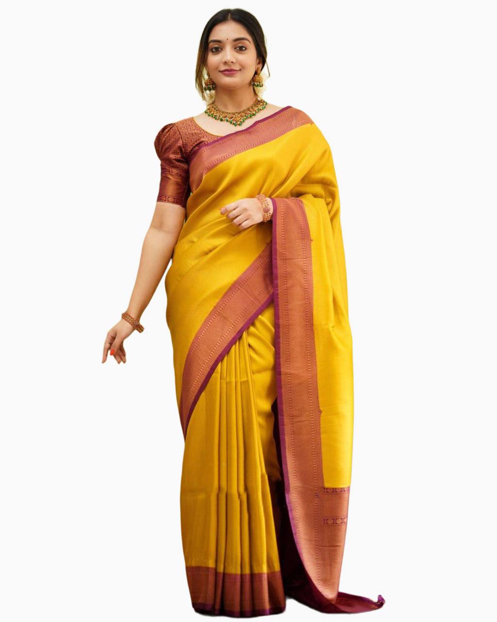 Yellow & Maroon Golden Boarder Anamika Pure Silk Saree