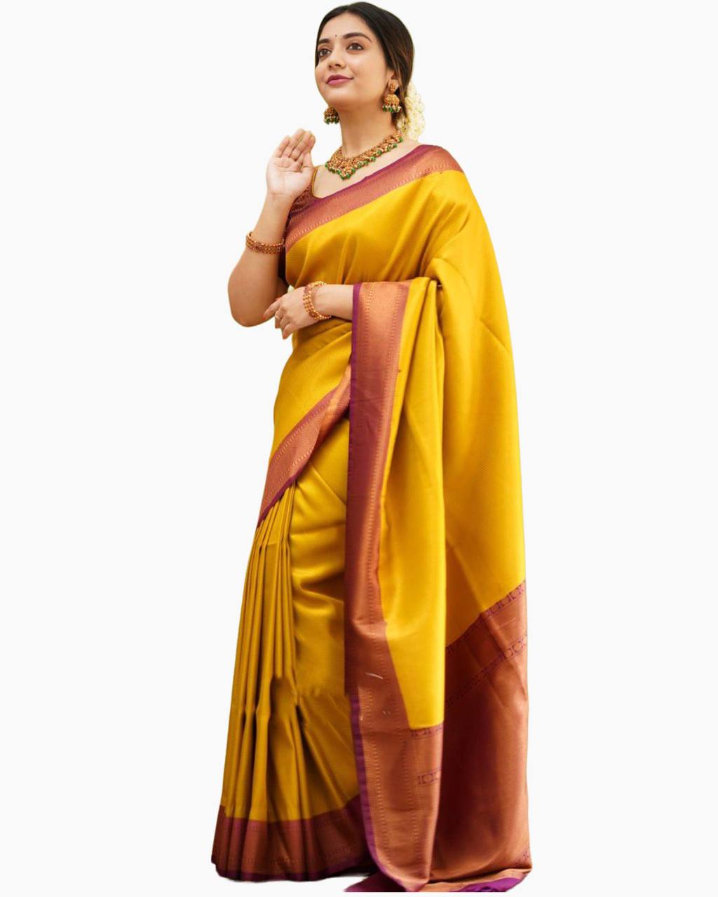 Yellow & Maroon Golden Boarder Anamika Pure Silk Saree