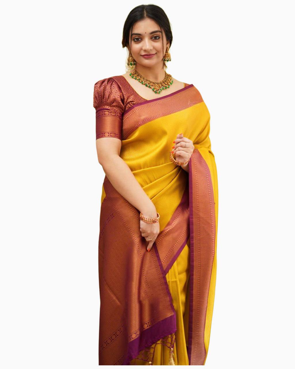 Yellow & Maroon Golden Boarder Anamika Pure Silk Saree